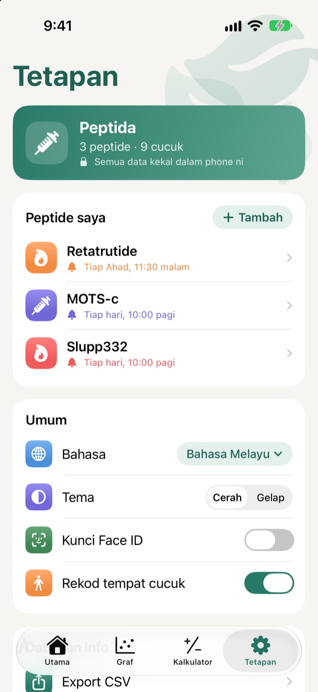 Skrin Tetapan dengan senarai peptide dan jadual peringatan